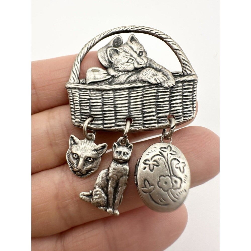 Vintage Silver Tone Kitty Cat In Basket Locket Charm Pin Brooch